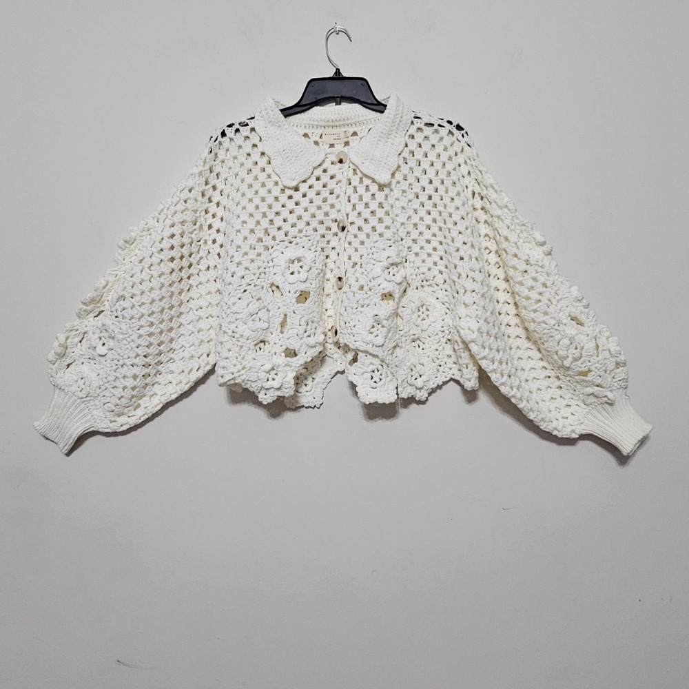 Dreamers Crochet Top Blouse Medium/Large White Long Balloon Sleeves Cropped 1047 - Picture 6 of 10